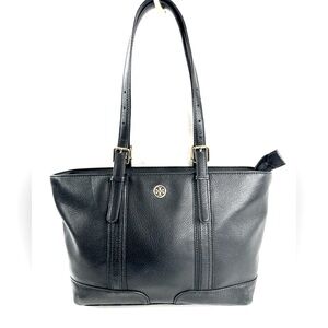Tory Burch Black Leather Large East West Tote Shoulder Bag Purse Brass Buckles